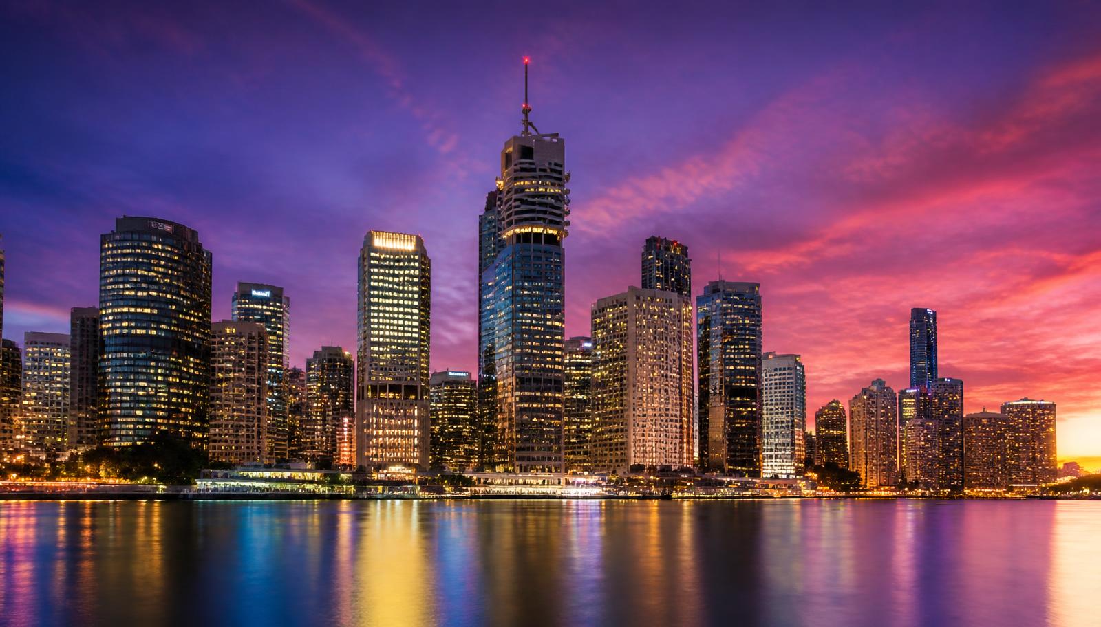 Brisbane city skyline and river at dusk, home of the My Global Solutions Group head office