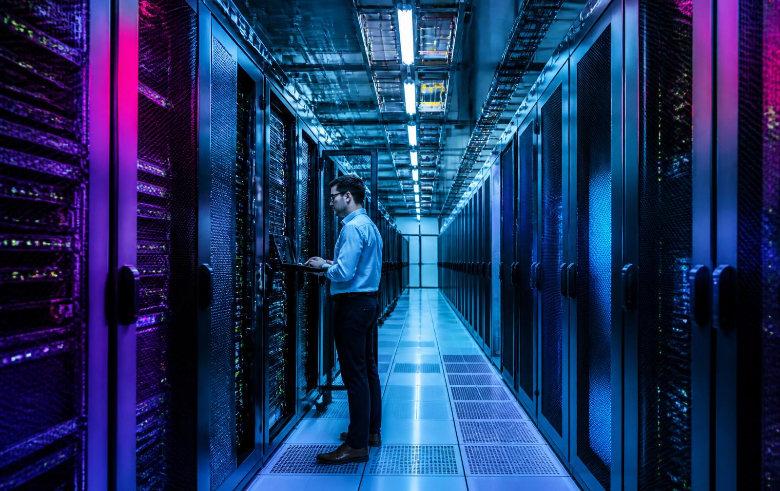Technician working in a data centre aisle lined with illuminated server racks and structured cabling