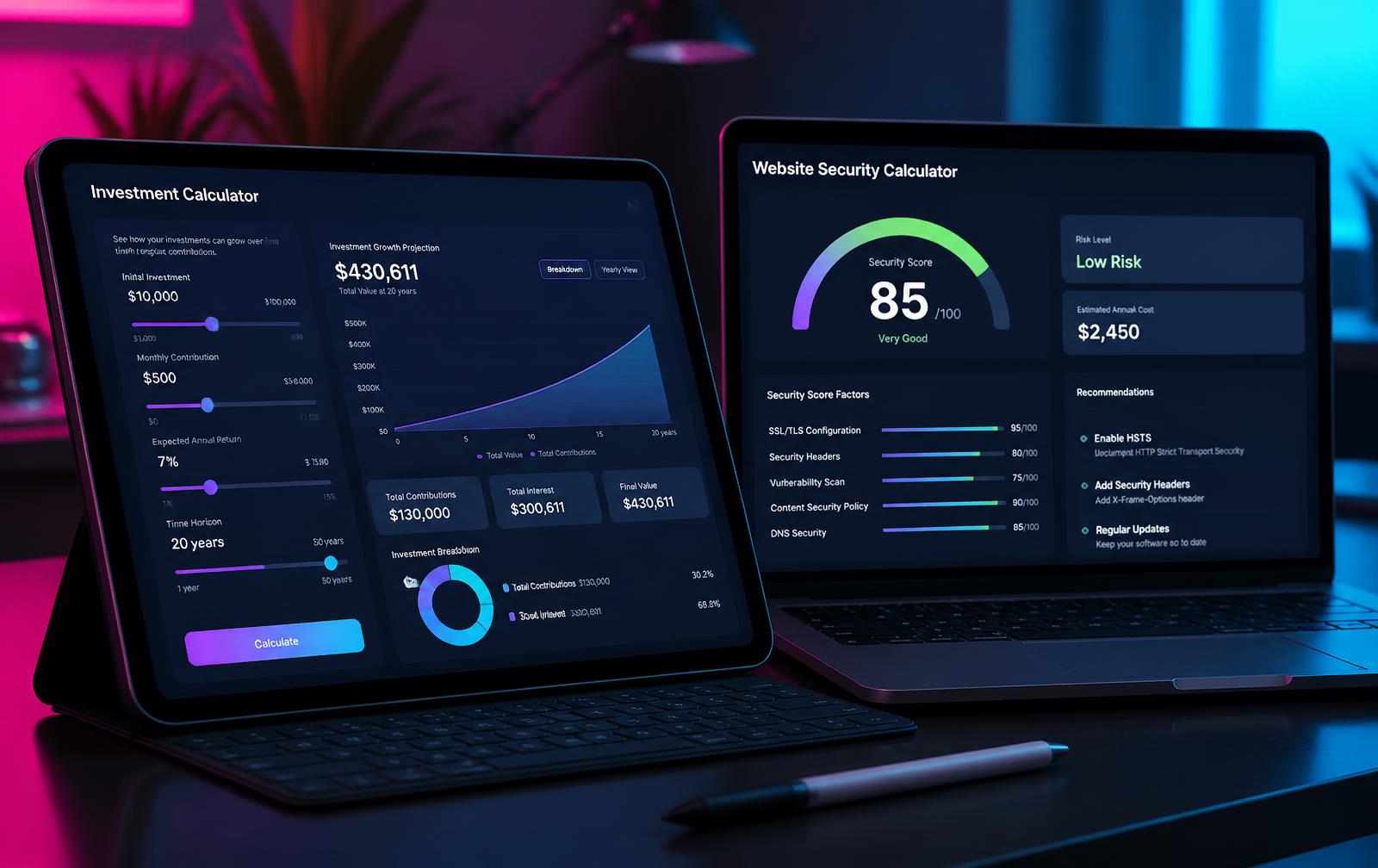Tablet and laptop displaying an IT cost calculator and a security score dashboard