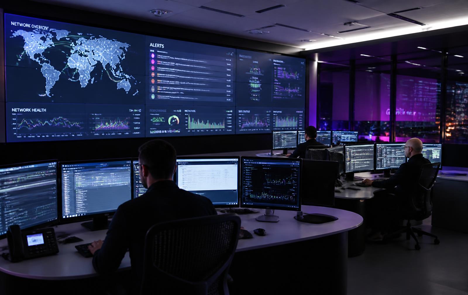 Engineers monitoring network health, uptime and alerts on wall dashboards in a 24/7 operations centre