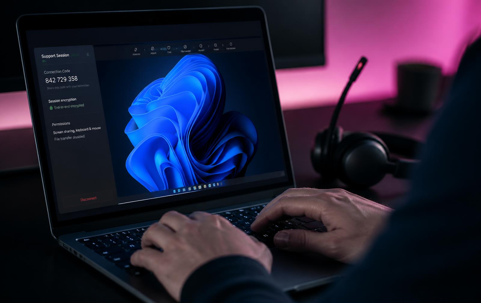 Engineer running an encrypted remote support session on a laptop showing a connection code and session permissions