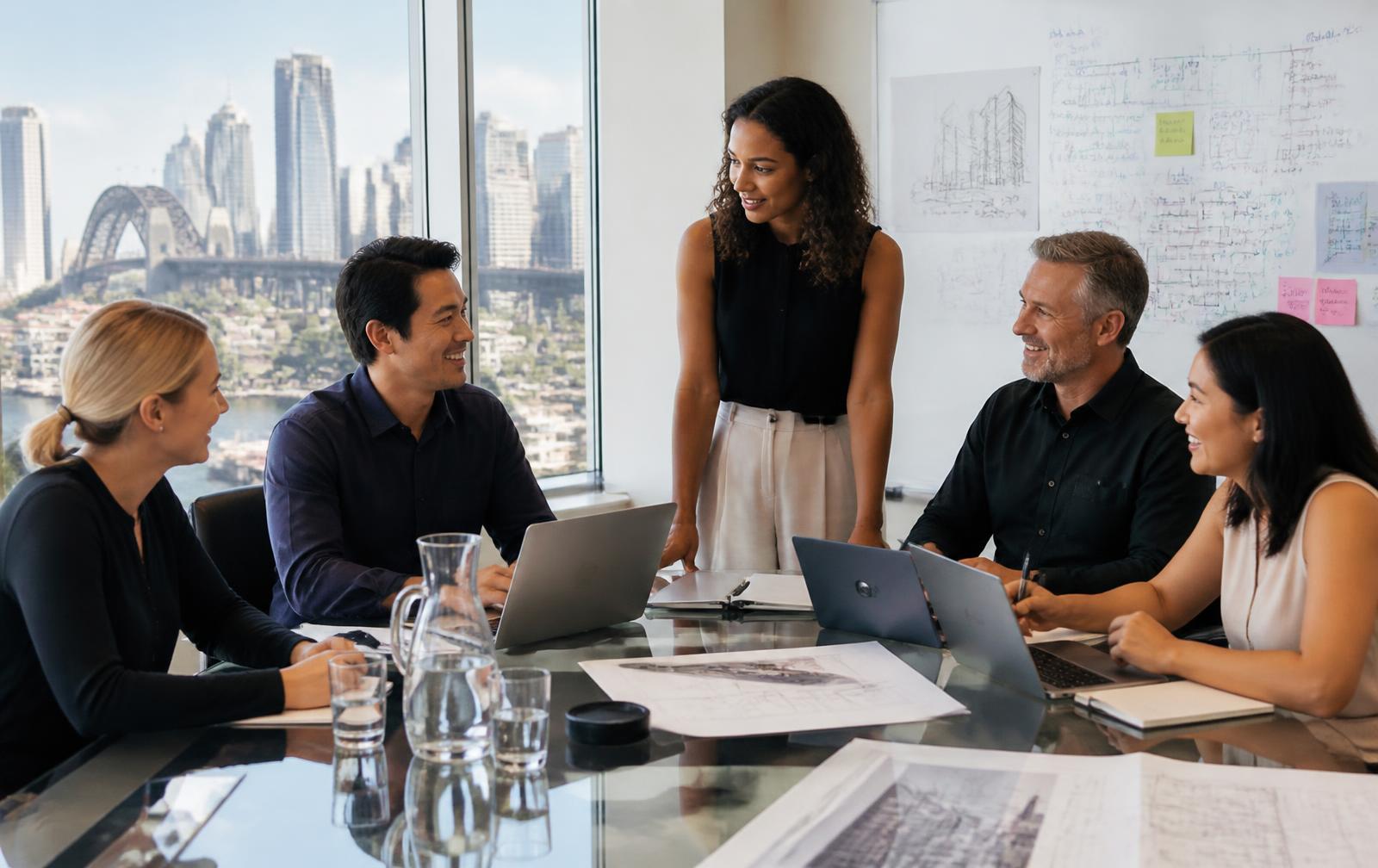 Consultants and engineers reviewing architecture diagrams with a client in a bright Australian office